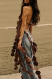 Coffee Sexy Solid Tassel Bandage Patchwork Backless Turtleneck Tops