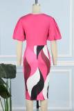 Rose Red Sexy Print Patchwork O Neck Pencil Skirt Dresses