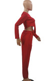 Red Casual Solid Patchwork O Neck Long Sleeve Two Pieces