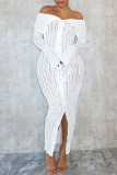 White Elegant Solid Patchwork Buckle Off the Shoulder Long Dress Dresses