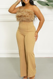 Apricot Casual Solid Patchwork Feathers Strapless Sleeveless Two Pieces