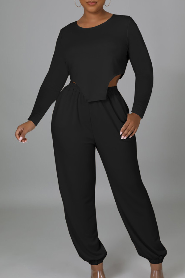 Black Casual Solid Patchwork O Neck Long Sleeve Two Pieces