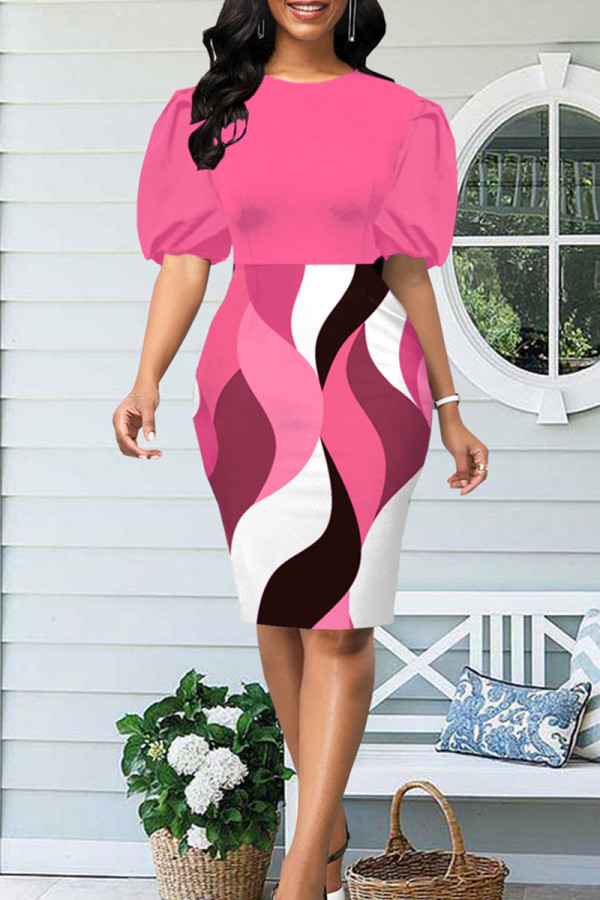 Rose Red Sexy Print Patchwork O Neck Pencil Skirt Dresses
