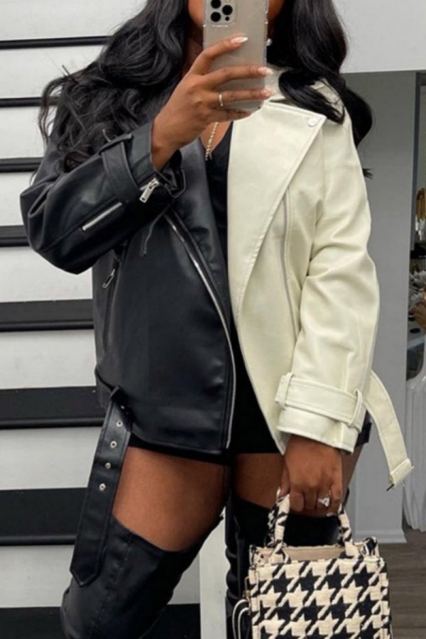 Black Casual Patchwork Cardigan Contrast Turndown Collar Outerwear