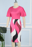 Rose Red Sexy Print Patchwork O Neck Pencil Skirt Dresses