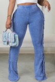 Blue Casual Solid Tassel Patchwork Skinny High Waist Conventional Solid Color Trousers