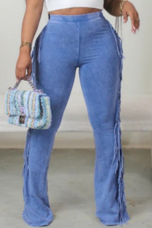 Blue Casual Solid Tassel Patchwork Skinny High Waist Conventional Solid Color Trousers