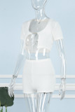 White Sexy Casual Solid Basic O Neck Short Sleeve Two Pieces