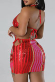 Red Sexy Print Hollowed Out Patchwork Spaghetti Strap Wrapped Skirt Dresses