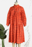 Orange Casual Plaid Patchwork Turtleneck Long Sleeve Dresses