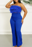 Blue Casual Solid Patchwork Feathers Strapless Sleeveless Two Pieces