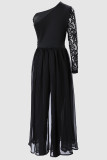Black Sexy Solid Lace Patchwork Mesh One Shoulder Regular Jumpsuits