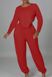 Red Casual Solid Patchwork O Neck Long Sleeve Two Pieces
