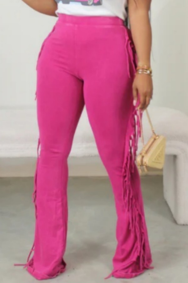 Rose Red Casual Solid Tassel Patchwork Skinny High Waist Conventional Solid Color Trousers