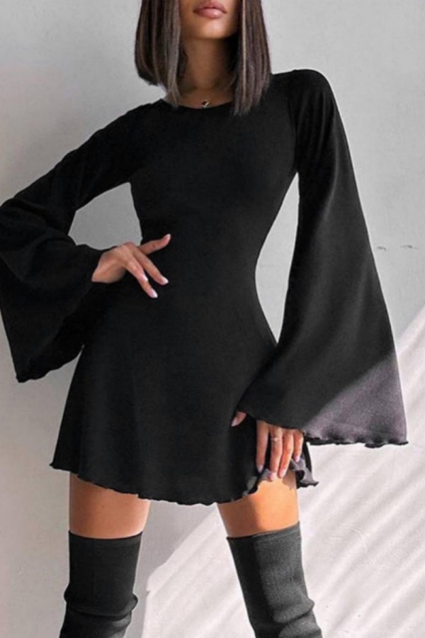 Black Casual Solid Backless Cross Straps O Neck Long Sleeve Dresses