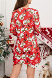 White Casual Print Santa Claus Asymmetrical V Neck Long Sleeve Dresses