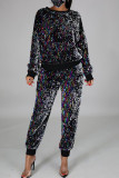 Colour Casual Patchwork Sequins O Neck Plus Size Two Pieces (Mask Included)