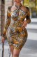 Leopard Print Sexy Print Hollowed Out Draw String Frenulum Halter Long Sleeve Dresses