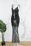 Black Celebrities Print Patchwork Spaghetti Strap Evening Dress Dresses