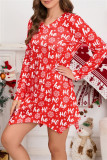 Red Casual Print Santa Claus Asymmetrical V Neck Long Sleeve Dresses
