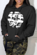 Black Casual Print Draw String Hooded Collar Tops