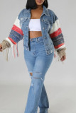 Blue Street Color Block Tassel Ripped Patchwork Pocket Buckle Turndown Collar Long Sleeve Straight Denim Jacket