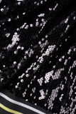 Black Casual Patchwork Sequins Zipper Collar Outerwear
