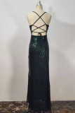 Green Sexy Formal Patchwork Sequins Backless Spaghetti Strap Long Dress Dresses
