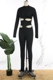Black Street Solid Hollowed Out Patchwork Zipper Turtleneck Skinny Jumpsuits