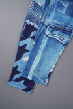 Blue Street Print Bandage Patchwork V Neck Skinny Jumpsuits
