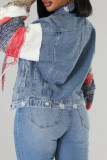 Blue Street Color Block Tassel Ripped Patchwork Pocket Buckle Turndown Collar Long Sleeve Straight Denim Jacket