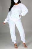 White Casual Patchwork Sequins O Neck Plus Size Two Pieces (Mask Included)