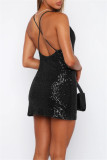 Black Sexy Casual Solid Sequins Draw String Backless Spaghetti Strap Sleeveless Dress