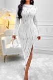 White Casual Solid Hollowed Out Slit Hooded Collar Long Sleeve Dresses