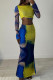 Blue Street Print Patchwork High Opening O Neck Long Sleeve Two Pieces