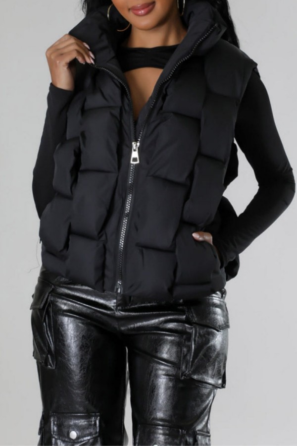 Black Casual Solid Patchwork Zipper Mandarin Collar Outerwear
