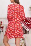 Red Casual Print Santa Claus Asymmetrical V Neck Long Sleeve Dresses