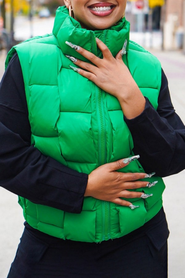 Green Casual Solid Patchwork Zipper Mandarin Collar Outerwear