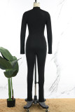 Black Street Solid Hollowed Out Patchwork Zipper Turtleneck Skinny Jumpsuits