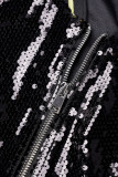 Black Casual Patchwork Sequins Zipper Collar Outerwear