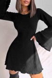 Black Casual Solid Backless Cross Straps O Neck Long Sleeve Dresses