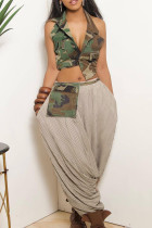 Camouflage Street Camouflage Print Patchwork Pocket Buttons Turndown Collar Sleeveless Two Pieces