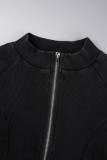 Black Casual Solid Patchwork Zipper Collar Long Sleeve Two Pieces