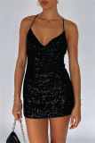 Black Sexy Casual Solid Sequins Draw String Backless Spaghetti Strap Sleeveless Dress