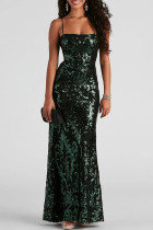 Green Sexy Formal Patchwork Sequins Backless Spaghetti Strap Long Dress Dresses