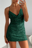 Silver Sexy Casual Solid Sequins Draw String Backless Spaghetti Strap Sleeveless Dress