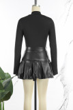 Black Sexy Solid Patchwork Zipper O Neck Long Sleeve Two Pieces