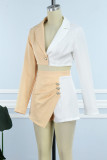 Apricot Casual Patchwork Contrast Turndown Collar Long Sleeve Two Pieces
