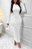 White Casual Solid Hollowed Out Slit Hooded Collar Long Sleeve Dresses