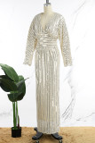 Cream White Elegant Solid Sequins Patchwork V Neck Long Dress Dresses